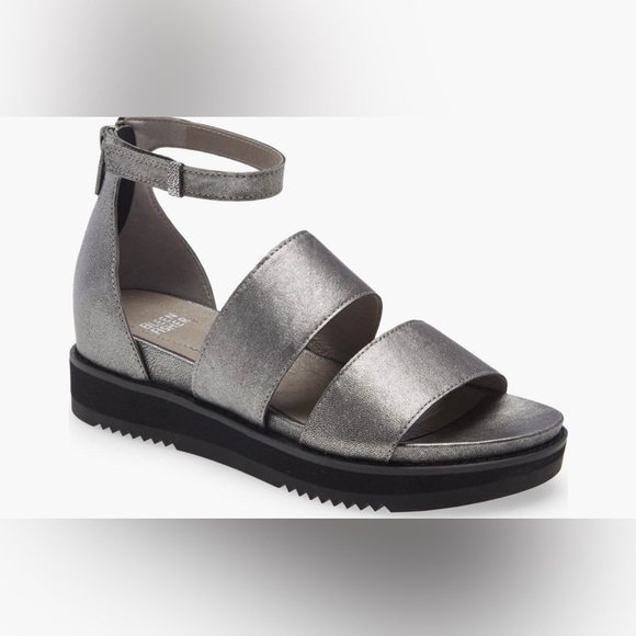 NIB Eileen Fisher Keno Silver Metallic Gray Leather Platform Sandals 7.5 Medium - Picture 5 of 10